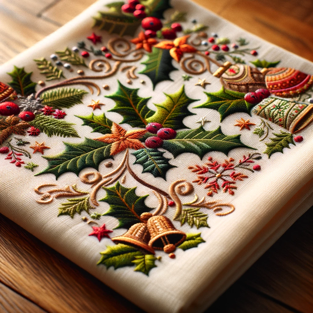 DALL·E 2023-11-28 16.05.13 - A fabric napkin with Christmas-themed embroidery, resting on a table. The napkin is elegantly folded and features intricate embroidery of Christmas mo (1)