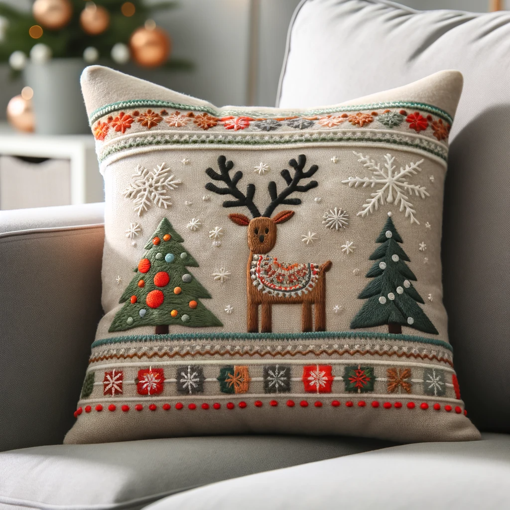 DALL·E 2023-11-28 16.09.13 - A cozy cushion with Christmas-themed embroidery, placed on a sofa. The cushion is plush and features detailed embroidery of festive elements like rein (1)
