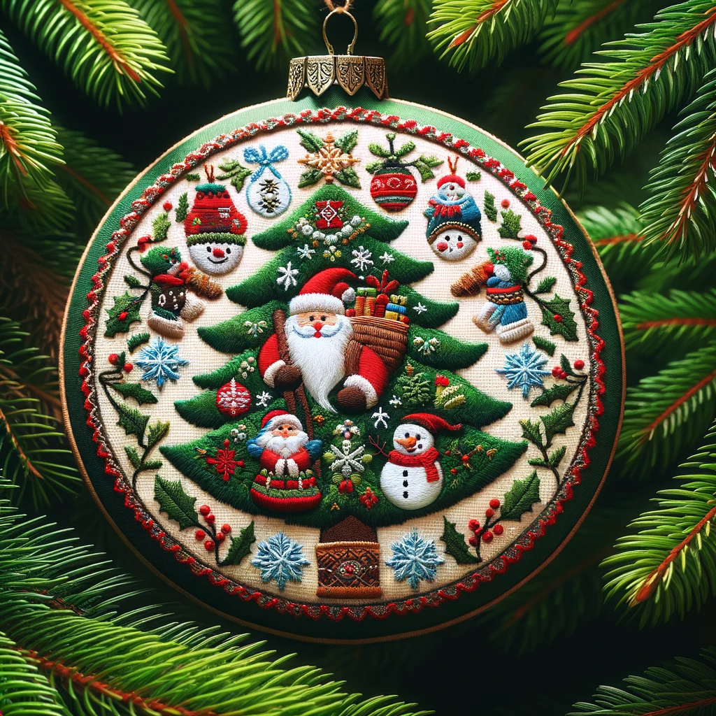 DALL·E 2023-11-28 16.13.13 - A Christmas tree ornament featuring detailed Christmas-themed embroidery. The ornament is circular, elegantly crafted, and displays intricate embroide (1)