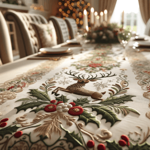 DALL·E 2023-11-28 16.16.14 - A close-up view of a Christmas-themed tablecloth on a dining table, focusing on the intricate embroidery details. The tablecloth is beautifully embroi (1)