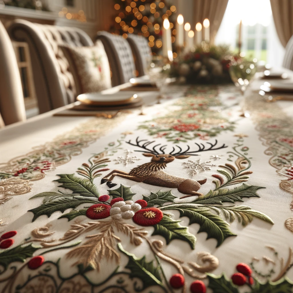 DALL·E 2023-11-28 16.16.14 - A close-up view of a Christmas-themed tablecloth on a dining table, focusing on the intricate embroidery details. The tablecloth is beautifully embroi (1)