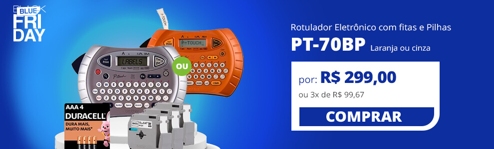 Rotulador eletrônico PT70BMBP ou PT70BM com 3 fitas, Brother + Pilha alcalina palito AAA, com 4 unidades, Duracell - CX 1 UN