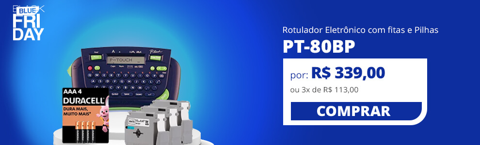 Rotulador eletrônico PT-80, Azul, com 3 fitas, Brother + Pilha alcalina palito AAA, com 4 unidades, Duracell - CX 1 UN